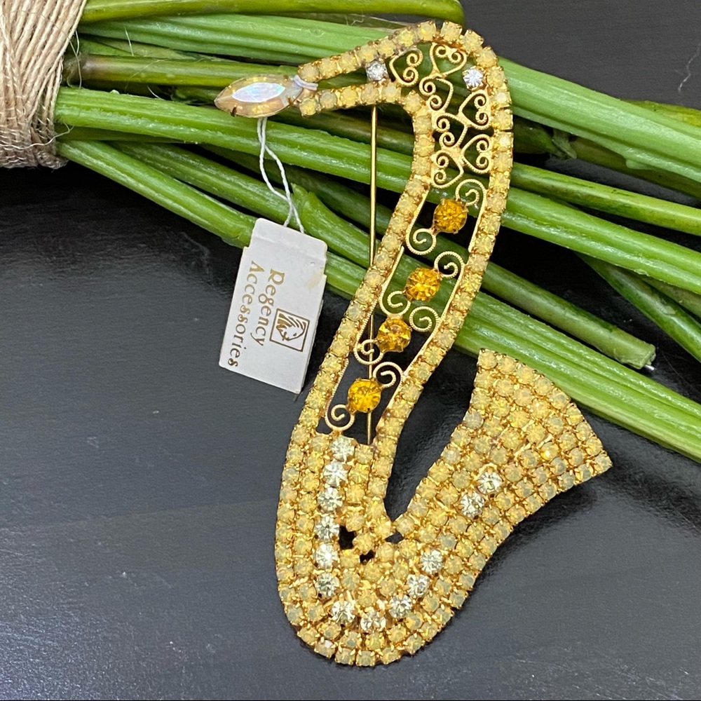 Vintage Regency Accessories Gold-tone Rhinestone Saxophone Brooch New